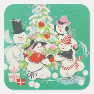 Vintage kerstmannen dansen rond bomen vierkante sticker