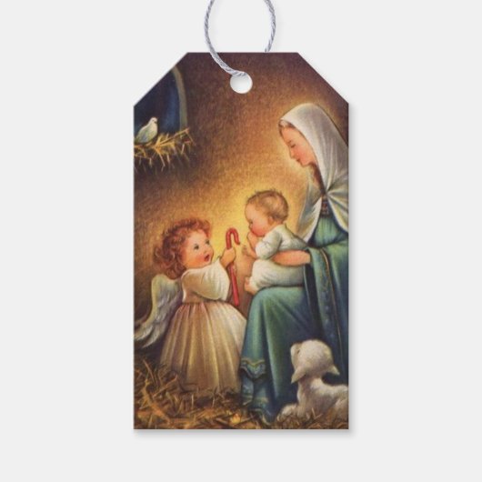 Vintage Kerstmannen en Mary met Baby Jezus Cadeaulabel (Voorkant)