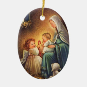 Vintage Kerstmannen en Mary met Baby Jezus Keramisch Ornament