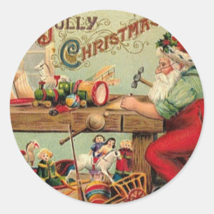 Vintage Kerstman's Workshop Speelgoed Kunstgeschen Ronde Sticker