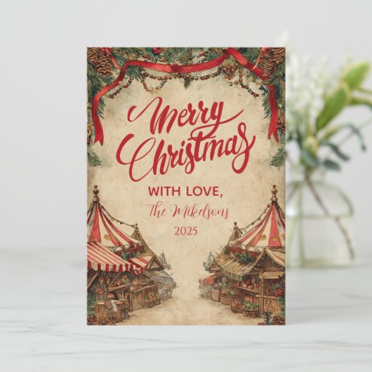Vintage kerstmarkt feest feestdagenkaart (Staand voorkant)