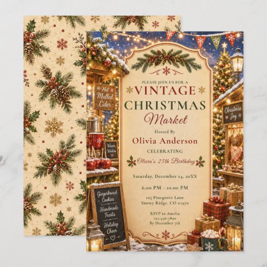 Vintage Kerstmarkt Feest Kaart (Voorkant / Achterkant)