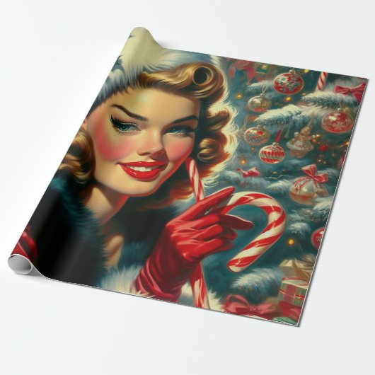 Vintage-kerstmeisje Cadeaupapier (Uitgerold)