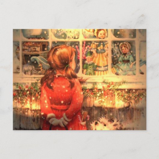 Vintage kerstmeisje dat in het raam kijkt feestdagenkaart (Voorkant)