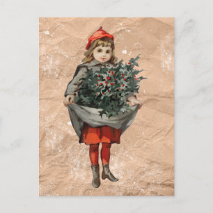 Vintage-kerstmeisje en Holly Berries in nood Feestdagenkaart
