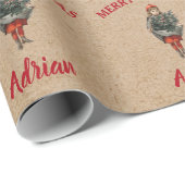 Vintage-kerstmeisje en Holly Custom Name Kraft Cadeaupapier (Rol Hoek)