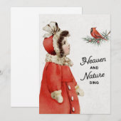 Vintage-kerstmeisje en kardinaal feestdagenkaart (Voorkant / Achterkant)