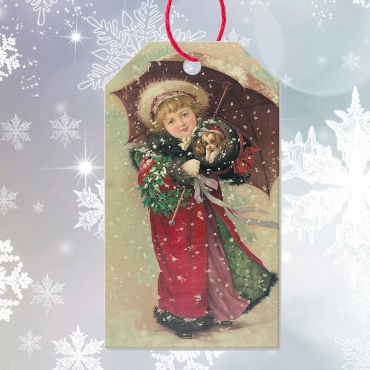 Vintage Kerstmeisje en puppy in haar Muff Cadeaulabel
