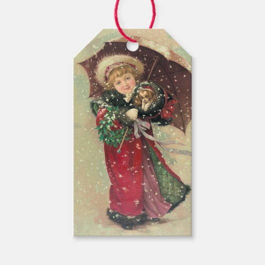 Vintage Kerstmeisje en puppy in haar Muff Cadeaulabel (Voorkant)
