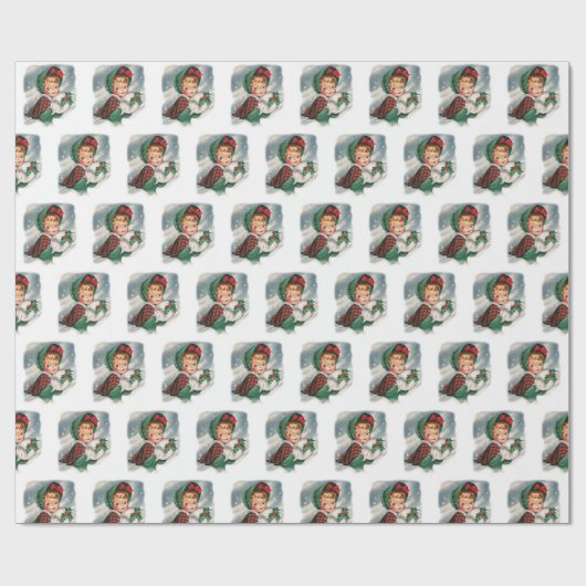 Vintage kerstmeisje Holding Holly Cadeaupapier (Vlak)