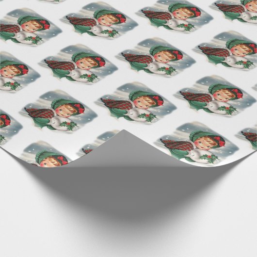 Vintage kerstmeisje Holding Holly Cadeaupapier (Hoek)