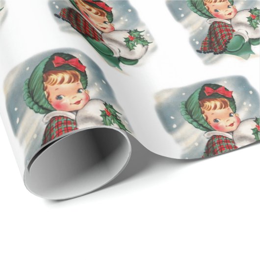 Vintage kerstmeisje Holding Holly Cadeaupapier (Rol Hoek)