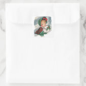 Vintage kerstmeisje Holding Holly Vierkante Sticker (Tas)