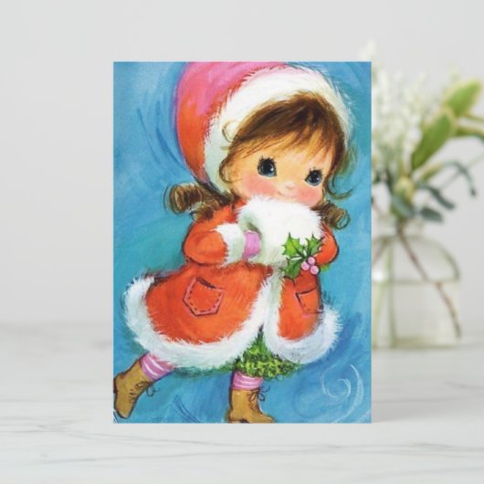 Vintage Kerstmeisje Ice Skating Holiday Feestdagenkaart (Staand voorkant)
