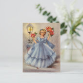 Vintage kerstmeisje in blauw dress feestdagenkaart (Staand voorkant)