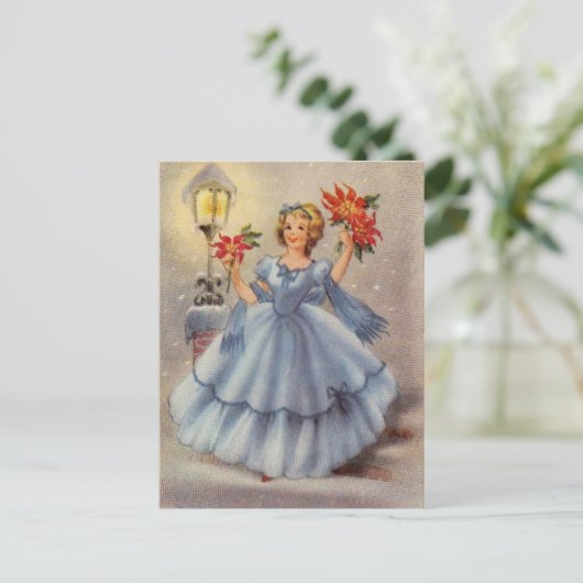 Vintage kerstmeisje in blauw dress feestdagenkaart (Staand voorkant)