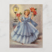 Vintage kerstmeisje in blauw dress feestdagenkaart (Voorkant)