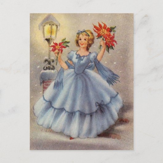 Vintage kerstmeisje in blauw dress feestdagenkaart (Voorkant)