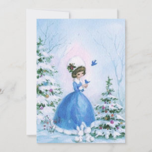 Vintage kerstmeisje in blauw dress op sneeuw feestdagenkaart