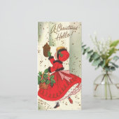 Vintage-kerstmeisje in de deur feestdagenkaart (Staand voorkant)