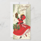 Vintage-kerstmeisje in de deur feestdagenkaart (Voorkant)