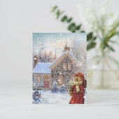 Vintage kerstmeisje in de sneeuw feestdagenkaart (Staand voorkant)