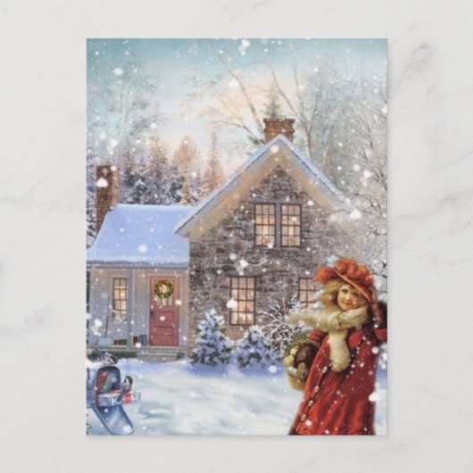 Vintage kerstmeisje in de sneeuw feestdagenkaart (Voorkant)