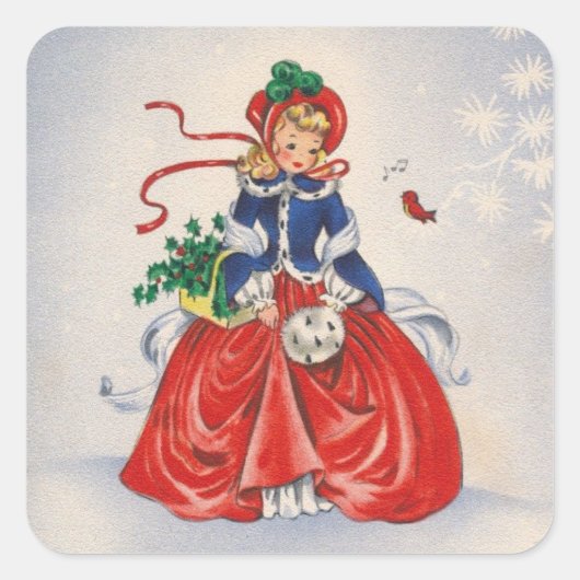 Vintage-kerstmeisje in het dress vierkante sticker (Voorkant)