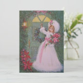 Vintage kerstmeisje in roze dress met Bouquet Feestdagenkaart (Staand voorkant)