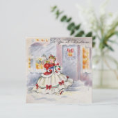 Vintage kerstmeisje met Cadeaus Feestdagenkaart (Staand voorkant)