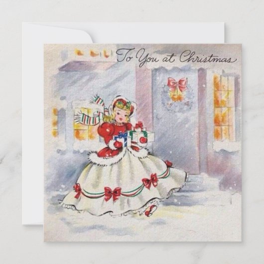 Vintage kerstmeisje met Cadeaus Feestdagenkaart (Voorkant)