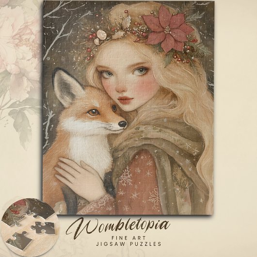 Vintage Kerstmeisje met Fox Winter Legpuzzel