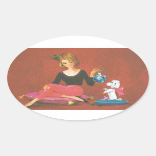 Vintage-kerstmeisje met Franse poel Ovale Sticker