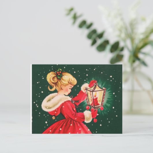 Vintage kerstmeisje met lantaarn feestdagenkaart (Staand voorkant)