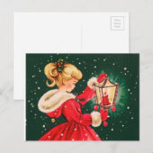 Vintage kerstmeisje met lantaarn feestdagenkaart (Voorkant / Achterkant)