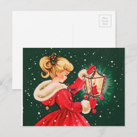 Vintage kerstmeisje met lantaarn feestdagenkaart (Voorkant / Achterkant)
