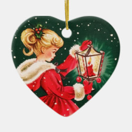 Vintage kerstmeisje met lantaarn keramisch ornament