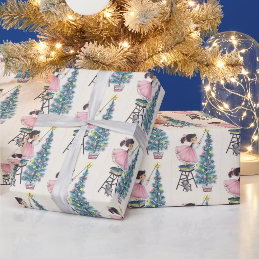 Vintage kerstmeisje met ster in boomvorm cadeaupapier (Feestdagen)