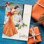 Vintage-kerstmeisje op raam met hond feestdagenkaart<br><div class="desc">Vintage kerstmeisje met een raam met haar hond.</div>