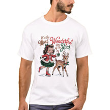 Vintage Kerstmeisje & Rendier Illustratie