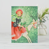 Vintage kerstmeisje Riding Reindester Feestdagenkaart (Staand voorkant)