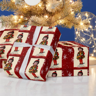 Vintage-kerstmeisje, sneeuwvlokken Vappapier Cadeaupapier