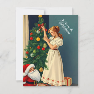 Vintage kerstmeisje versiert de boom feestdagenkaart