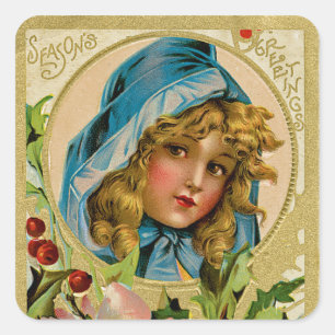 Vintage-kerstmeisje Vierkante Sticker
