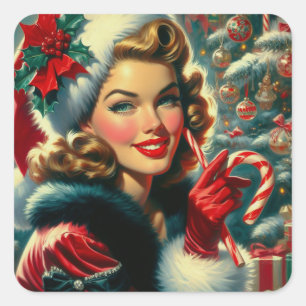 Vintage-kerstmeisje Vierkante Sticker