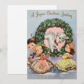 Vintage kerstmeisjes met lamsvlees feestdagenkaart (Voorkant / Achterkant)