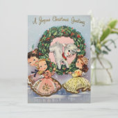 Vintage kerstmeisjes met lamsvlees feestdagenkaart (Staand voorkant)