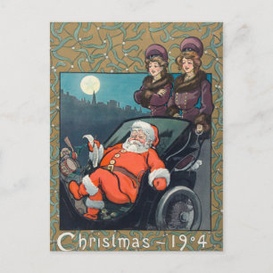 Vintage Kerstmis 1904 Santa Claus Women and Moon Feestdagenkaart