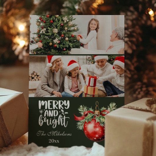 Vintage Kerstmis 2 Foto Familie Viering Feestdagenkaart