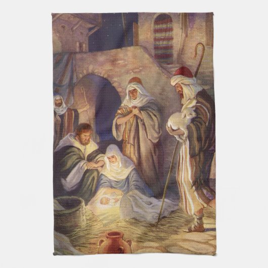 Vintage kerstmis, 3 herders en Jezus Theedoek (Verticaal)
